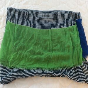Benetton blue and white striped scarf with green